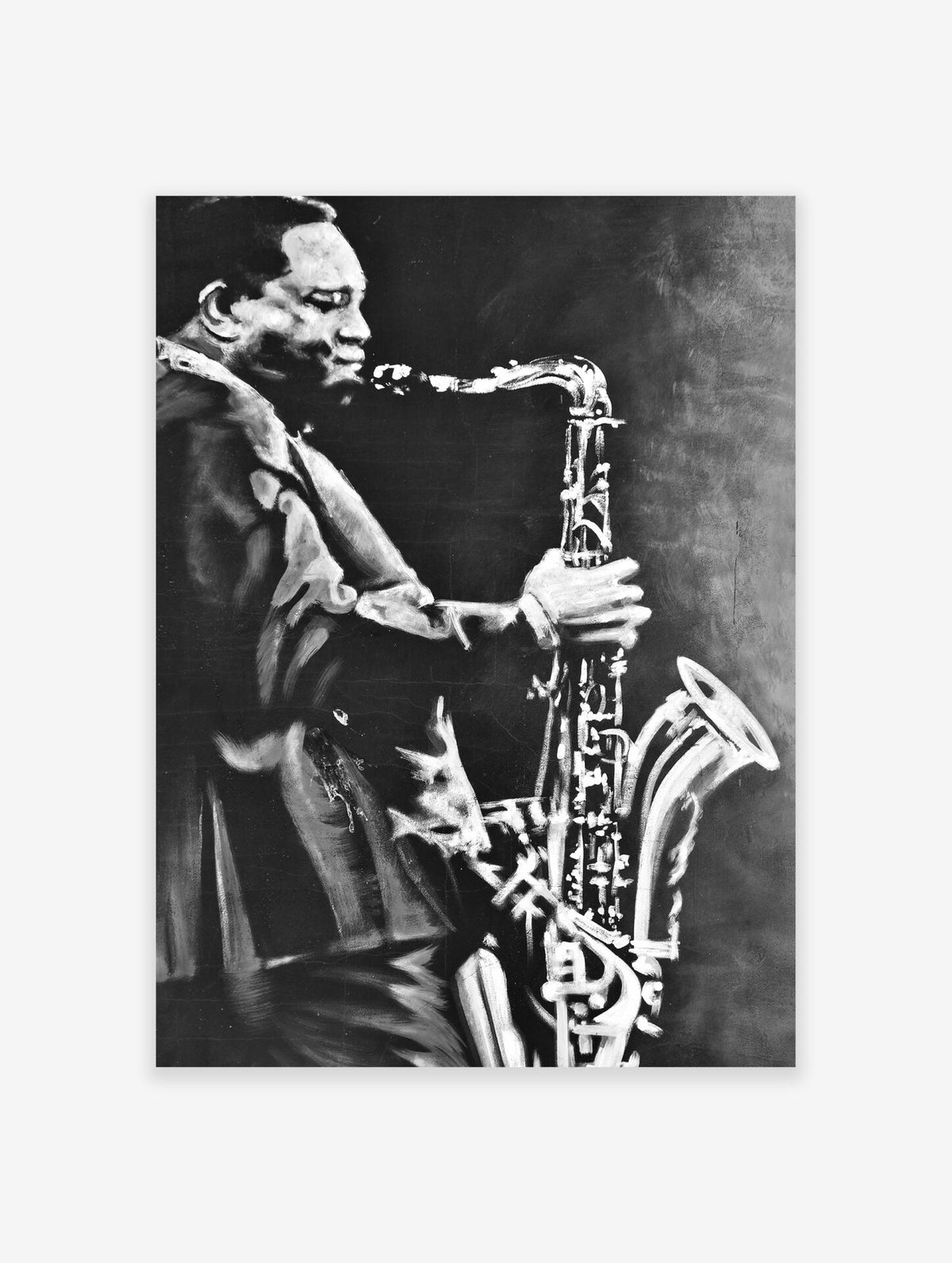 Black and white painting of a jazz musician playing a saxophone on a dark background.