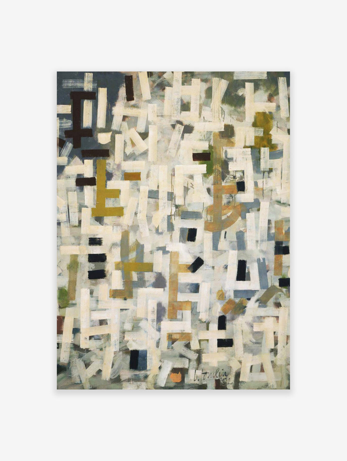 Number 9 by Bradley Walker Tomlin, 1952, abstract painting with white, black, and ochre geometric brushstrokes.